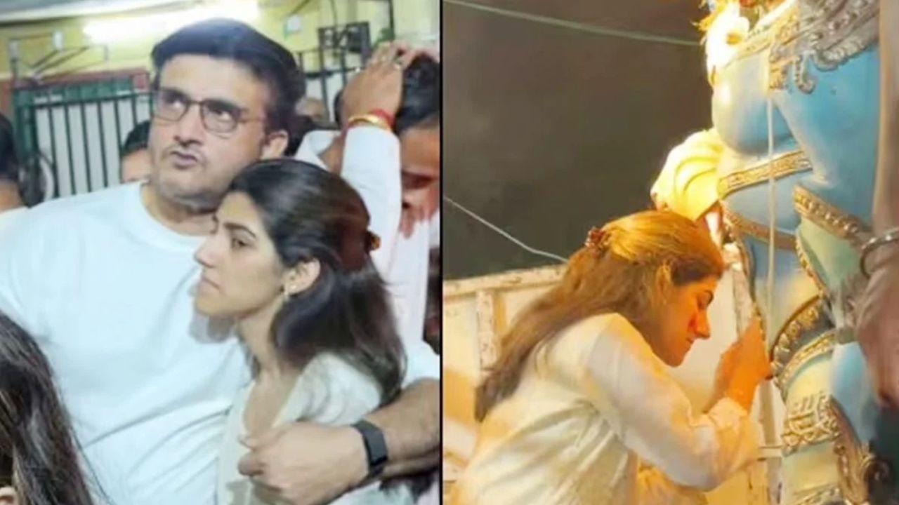 প্রতিমা বিদায়ের দিনে সানার বিষাদমাখা দশমী, পাশে বাবা সৌরভ